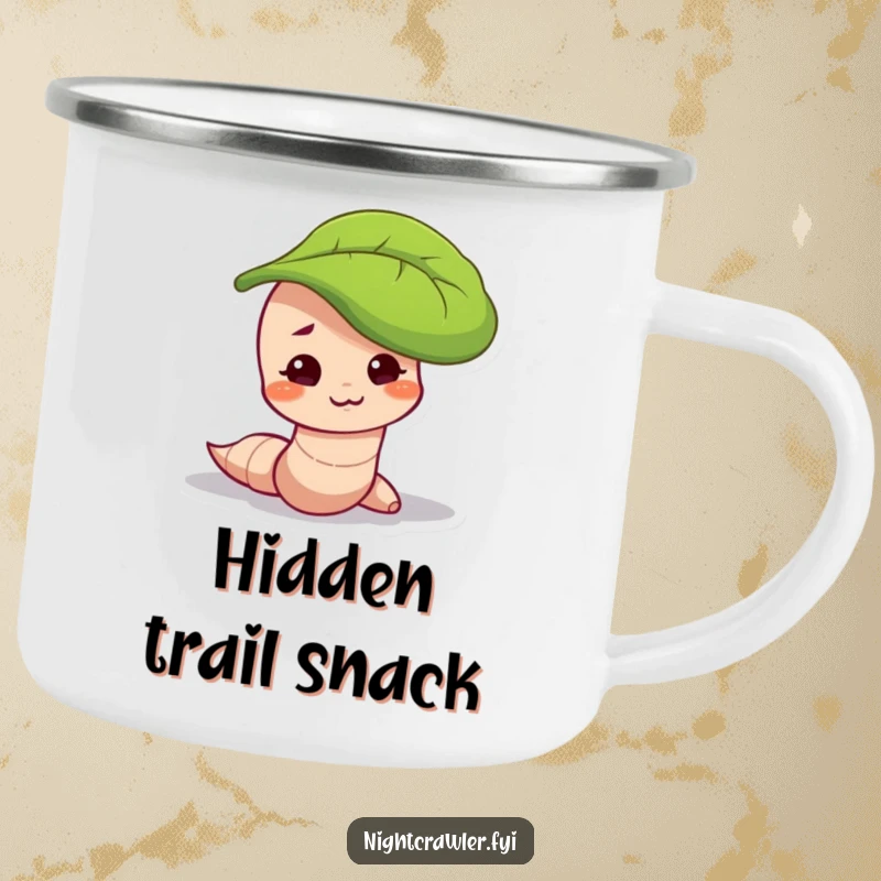 Funny camping mug with a worm character with a mischievous smirk, peeking out from under a leaf, for outdoor fun.