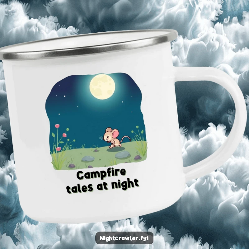 Funny camping mug graphic of a small mouse playfully running on moonlit ground, ideal for nighttime adventures.