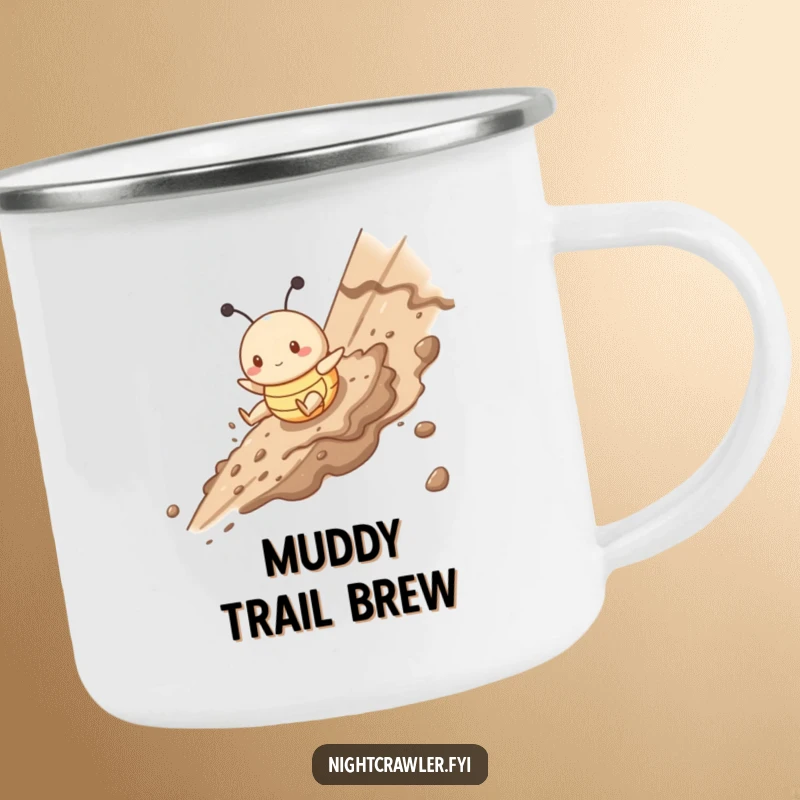Funny camping mug with a cute buggy character gleefully sliding down a muddy slope, perfect for outdoor enthusiasts who love fun.