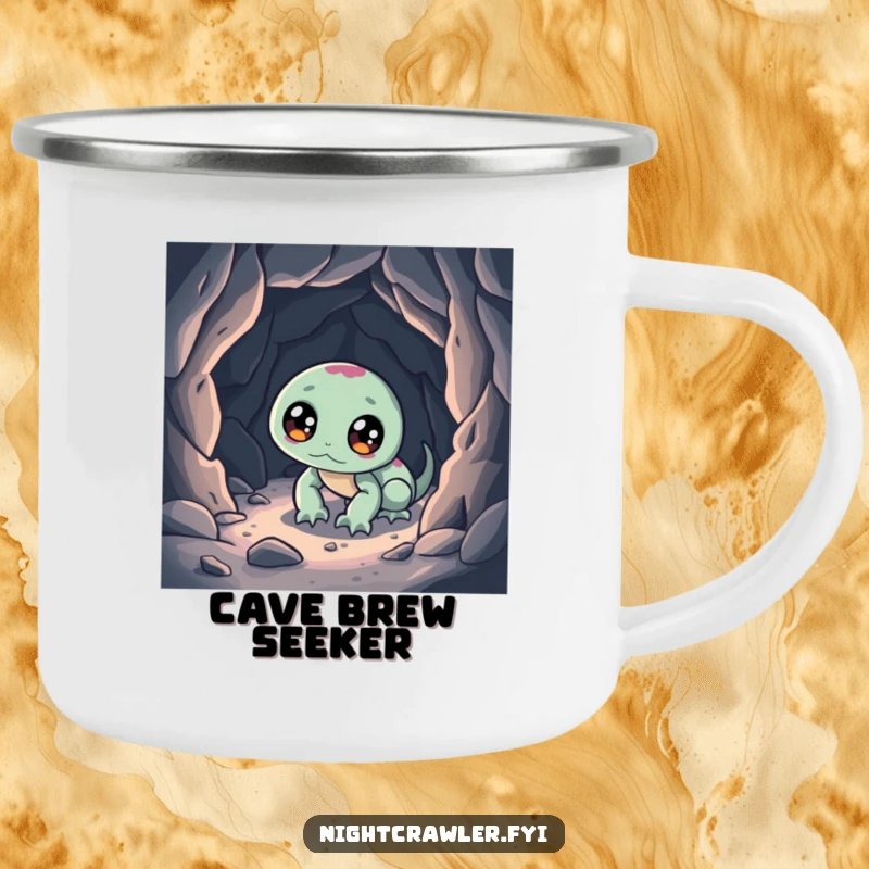 Funny camping mug with a night crawler character exploring a miniature cave, perfect for outdoor adventures and hot beverages.