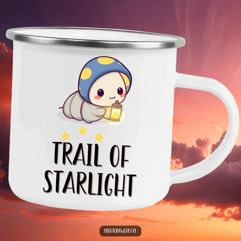 Funny camping mug with a night crawler character holding a tiny lantern and leading a path of glowing stars, evoking starry adventures.
