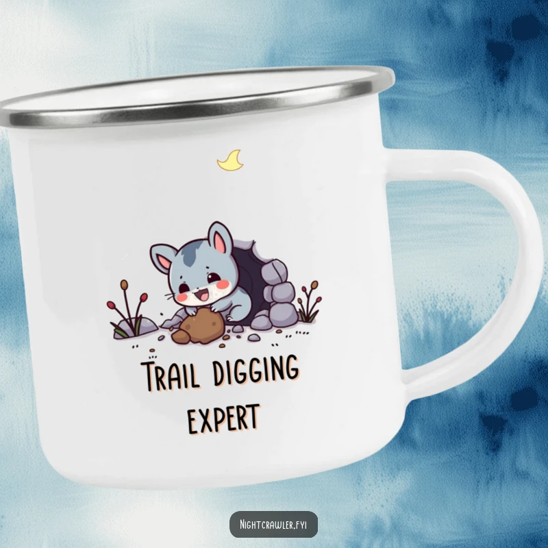 Funny camping mug with a small, ecstatic night creature digging a tunnel, ideal for outdoor adventures and humorous sipping.