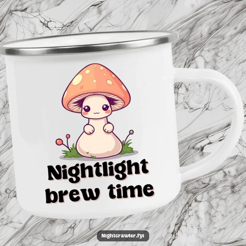 Funny worm camping mug showing a shy worm peeking from a glowing mushroom cap, for humorous outdoor enjoyment.