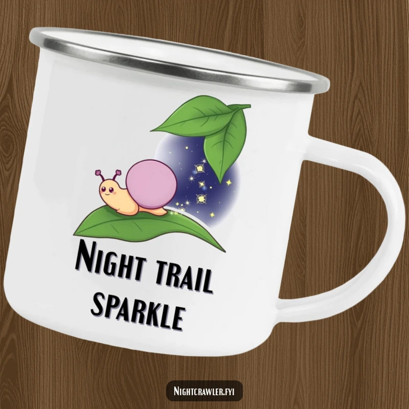 Funny Camping Mug: Smiling snail character leaving a sparkly trail at night, designed for durability and magical outdoor enjoyment.