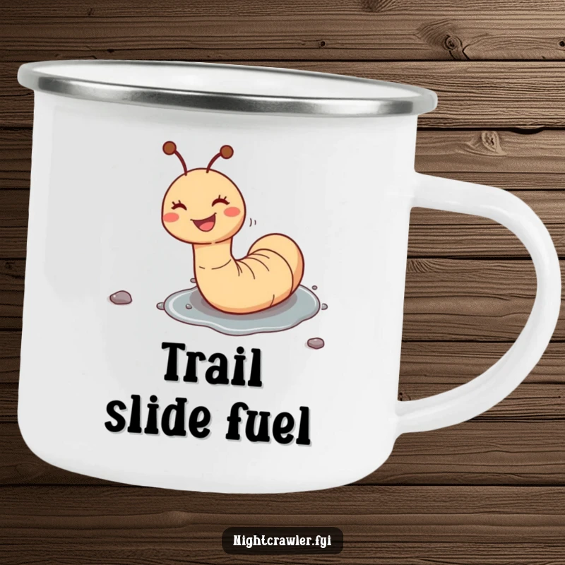 Funny camping mug showing a joyful worm character sliding down a pebble, ideal for outdoor enthusiasts who love a good laugh.