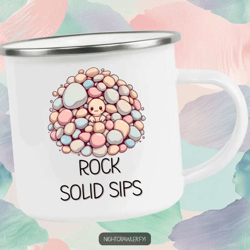 Funny camping mug: small worm peeking from giant sparkling pebbles. Rugged and humorous.