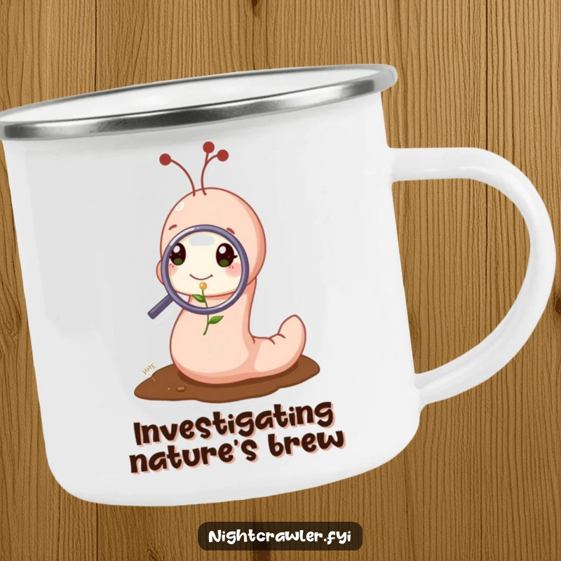 Funny camping mug with a cute worm character examining a tiny sprout with a magnifying glass, perfect for humorous outdoor discovery.