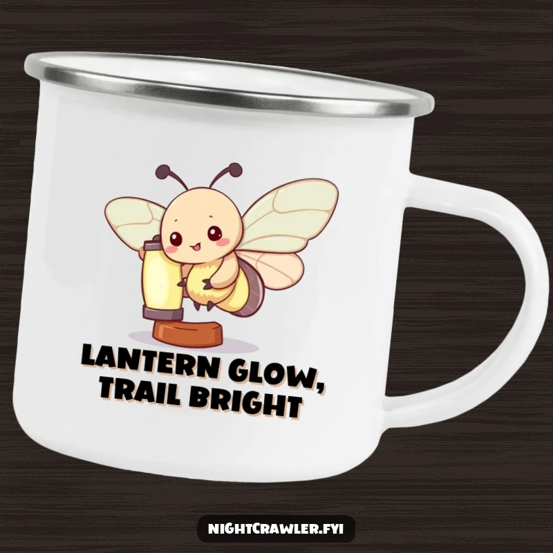 Funny Kawaii Moth Camping Mug: A cute moth character fluttering around a glowing lantern, durable and humorous for all your outdoor adventures.