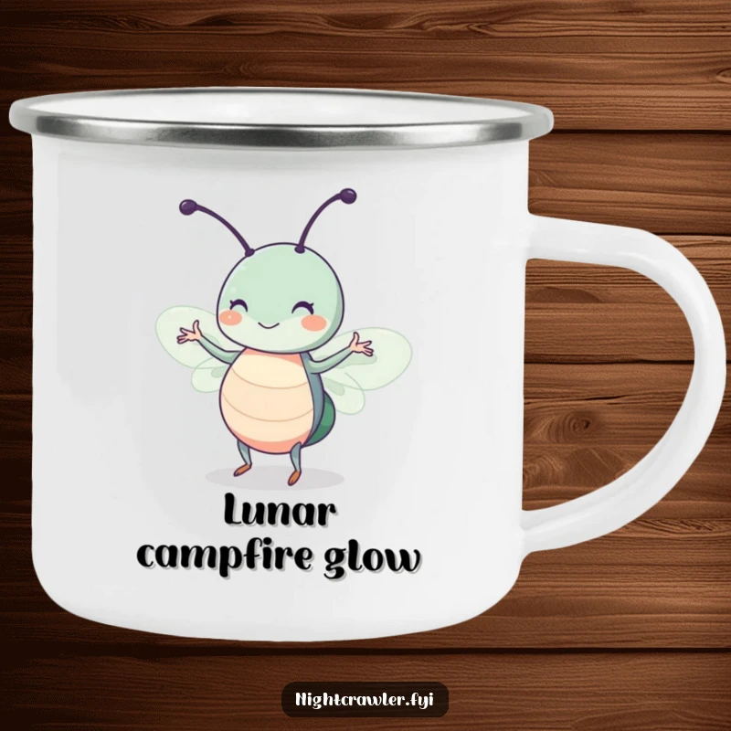 Funny camping mug with a cute insect character twitching happily while dancing in a beam of moonlight, for outdoor enthusiasts.