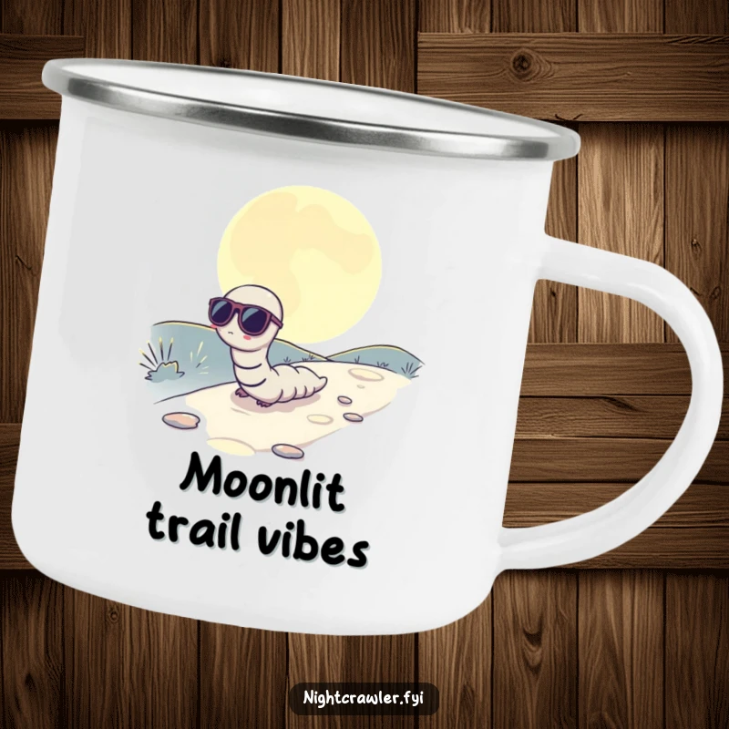Funny camping mug with a worm wearing sunglasses, slowly inching across a moonlit path, for cool outdoor moments.