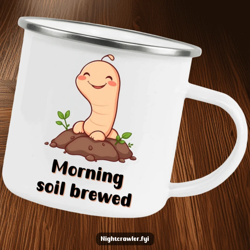 Funny Earthworm Camping Mug: A happy earthworm peeking from the soil with a grin, durable and humorous for camping trips.