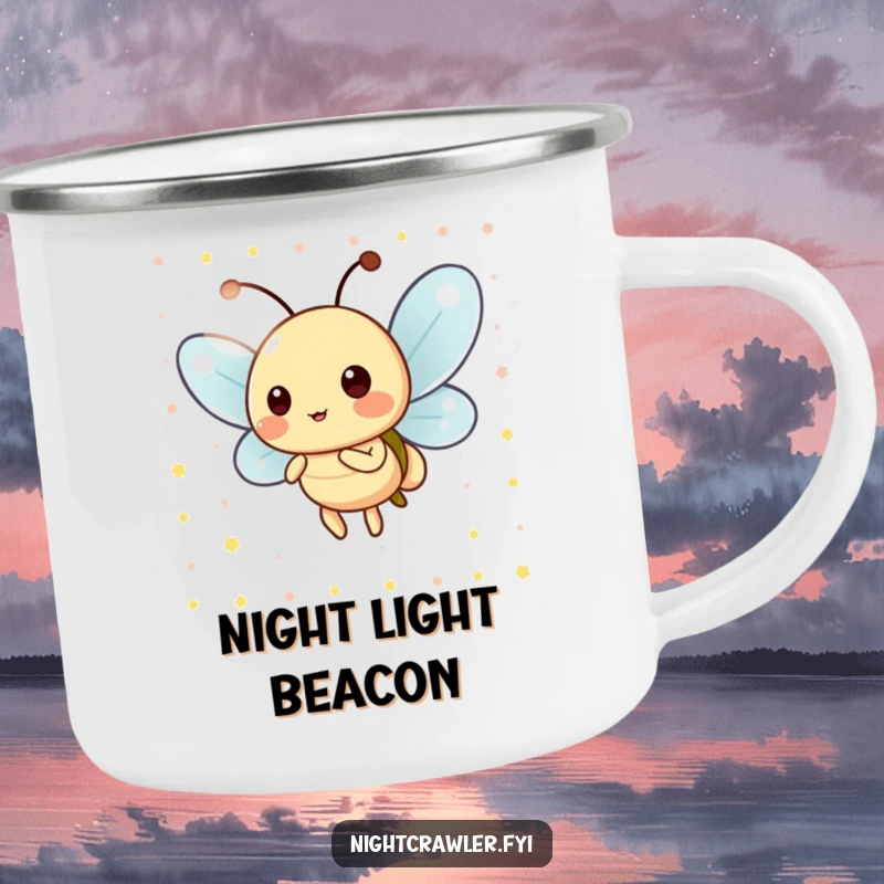 Funny Camping Mug: Playful firefly character blinking its light, designed for durability and cheerful outdoor enjoyment.