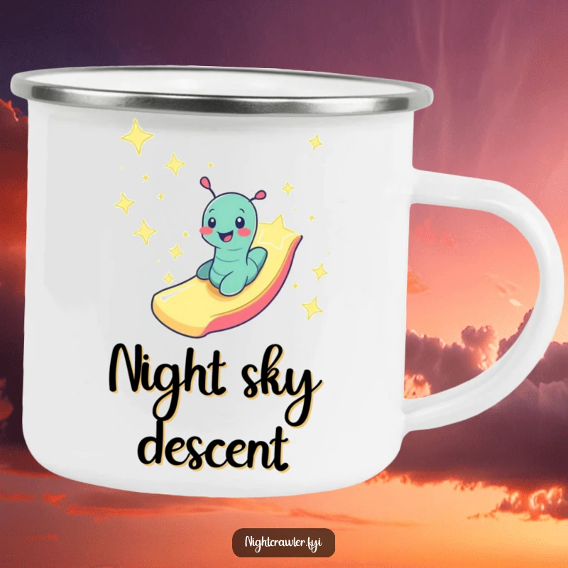 Funny smiling worm zooming down a slide made of starlight, perfect for cosmic adventures on this camping mug.