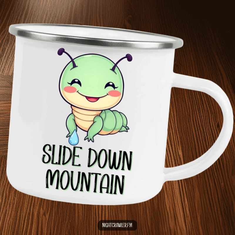 Funny camping mug showing a cute, round night crawler character happily sliding down a dewdrop, its grin wide and full of adventure.