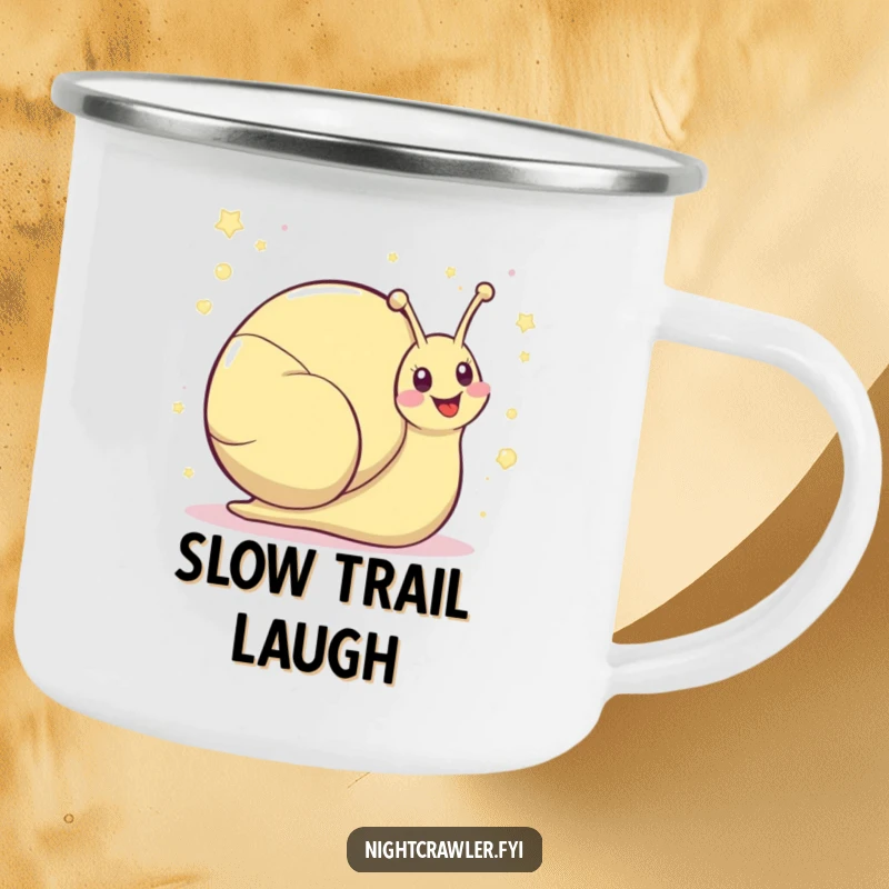 Funny kawaii snail camping mug showing a cute snail leaving a shimmering trail of giggles, perfect for outdoor relaxation.