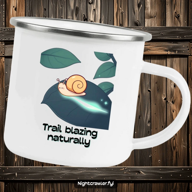 Funny Snail Camping Mug: A happy snail's phosphorescent trail shines on this durable mug, ideal for outdoor humor and gifting.