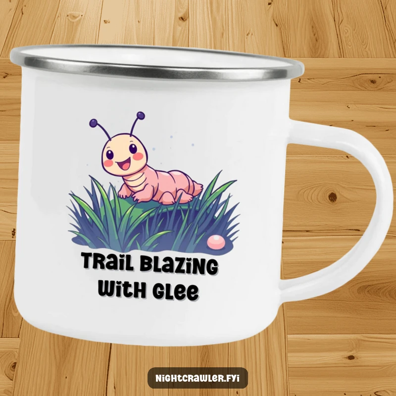 Funny camping mug with a joyful night crawler character sliding down a dewy blade of grass, perfect for outdoor fun.