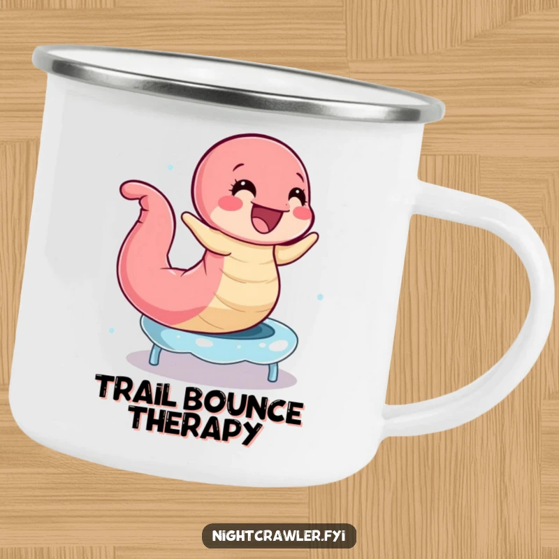 Funny Earthworm Trampoline Camping Mug: Happy worm bouncing on a dewdrops trampoline in the outdoors, a humorous camping mug.