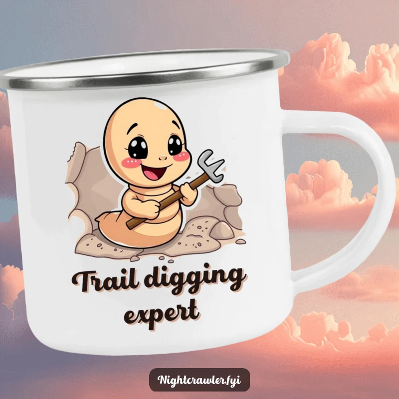 Funny Earthworm Digger Camping Mug: Smiling worm with tools digging a tunnel outdoors, a humorous camping mug.