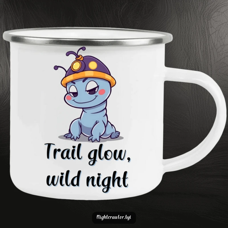 Funny night crawler camping mug featuring a mischievous character with a glowing hat, perfect for outdoor drinks.