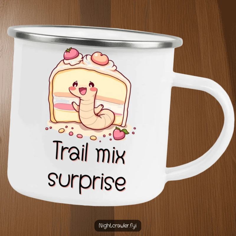 Funny cute earthworm joyfully tunneling through a massive cake slice, perfect for outdoor treats on this camping mug.