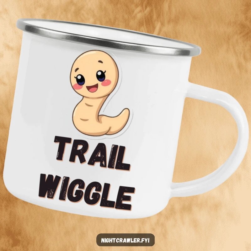 Funny earthworm camping mug showing a cute, fast earthworm with a wide, happy smile, perfect for enjoying the outdoors.