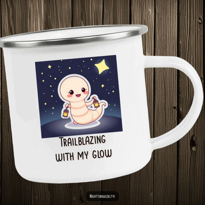 Funny Camping Mug with a happy worm holding a tiny lantern, set against a dark, starry night sky, ready for adventure.