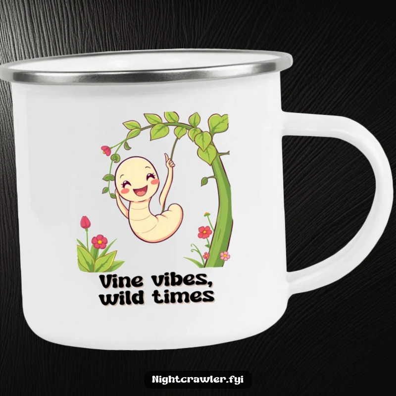 Funny camping mug illustrating a beaming worm character happily swinging on a vine, perfect for outdoor merriment.