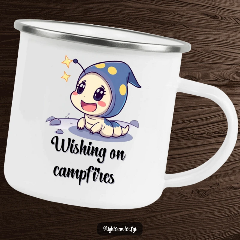 Funny camping mug with a night crawler character showing exaggerated surprise at a shooting star, perfect for cheerful stargazing.