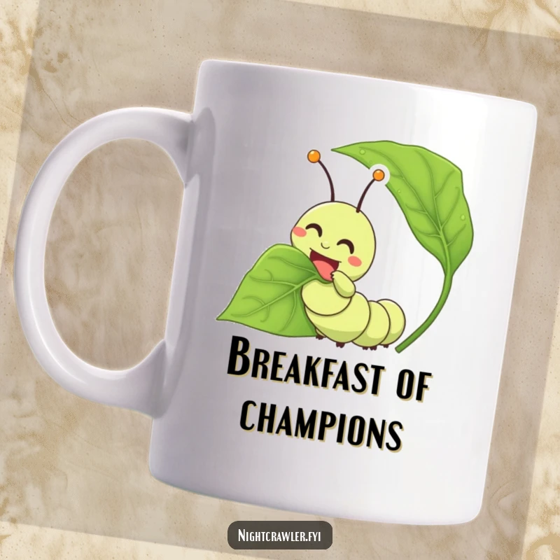 Funny caterpillar mug with a happy character joyfully munching on a very large leaf, showing pure eating bliss.