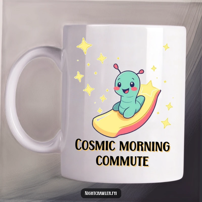 Funny smiling worm character zooming down a slide constructed entirely from shimmering starlight, on this mug.