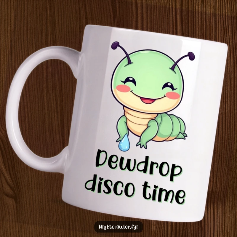 Funny mug with a cute night crawler character gleefully sliding down a sparkling dewdrop with a wide, cheerful grin on its face.