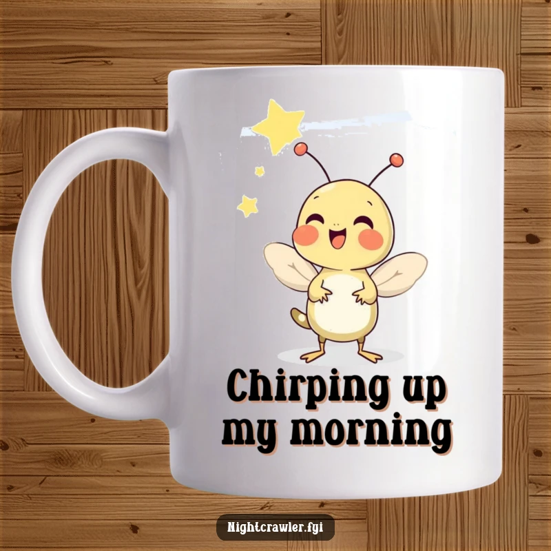 Funny mug depicts a happy cricket cheerfully chirping beneath a sky full of twinkling stars, embodying summer nights.