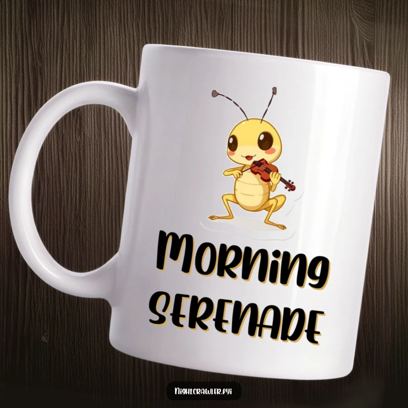Funny cricket mug with a cute character playing a miniature violin with immense passion and energetic gusto.