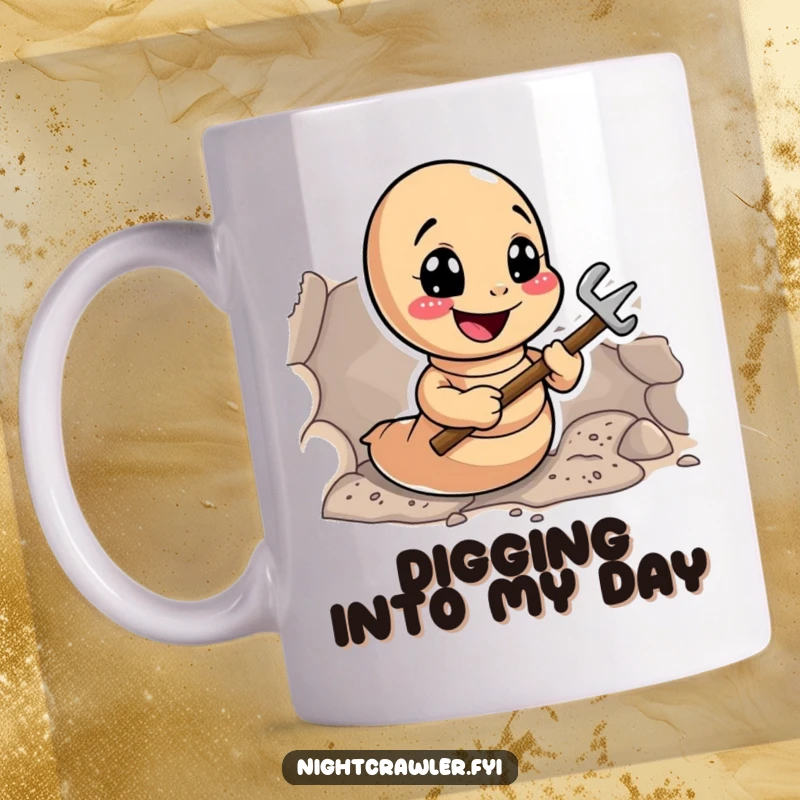 Funny Earthworm Digger Mug: Smiling worm enthusiastically digging a tunnel with tiny tools, a humorous gift for creators.