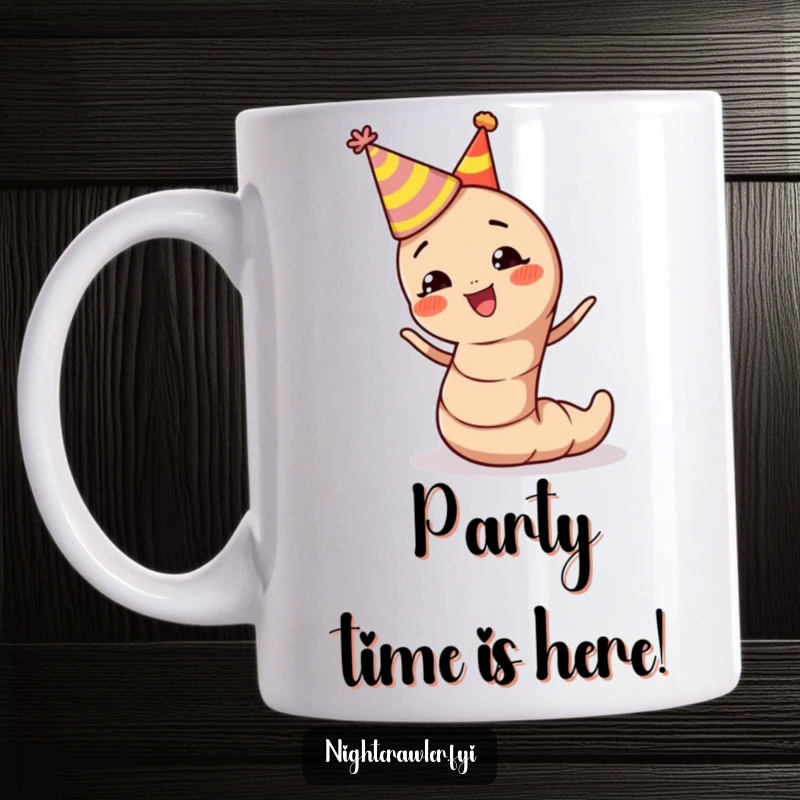 Funny earthworm mug with a tiny party hat, wiggling with pure, unadulterated joy and excitement for any celebration.