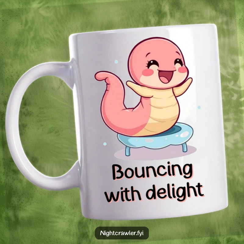 Funny Earthworm Trampoline Mug: Happy worm joyfully bouncing on a dewdrops like a trampoline, a hilarious gift.