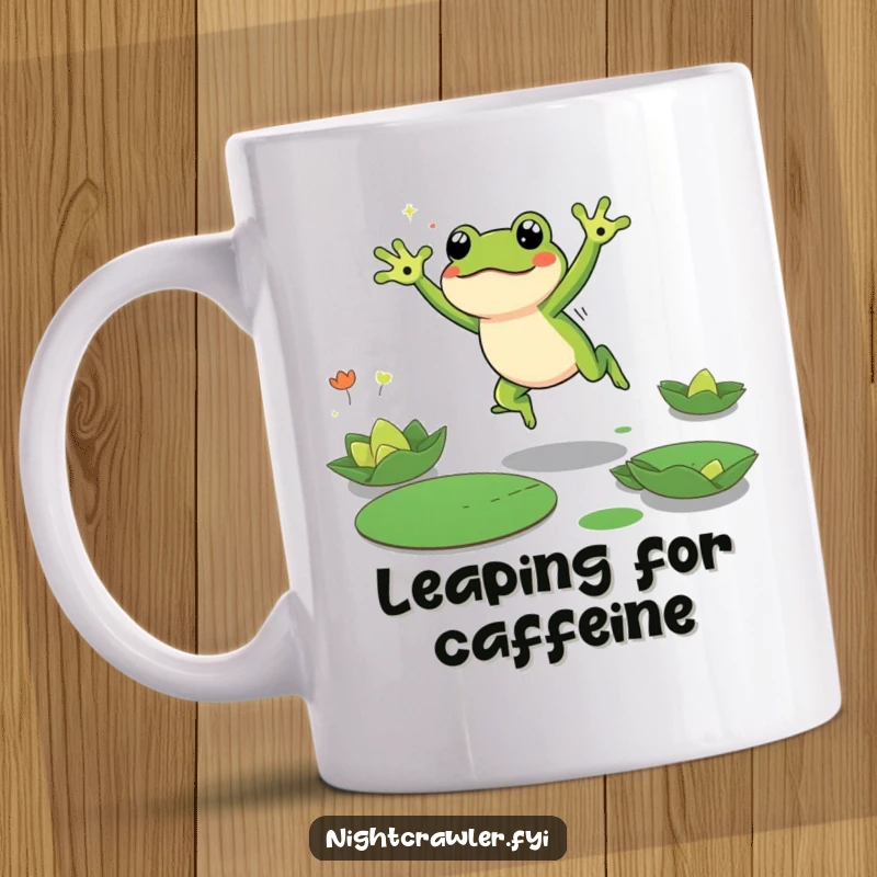 Funny Frog Mug featuring a cute frog character energetically leaping between lily pads in the dark, embodying playful nocturnal adventure.