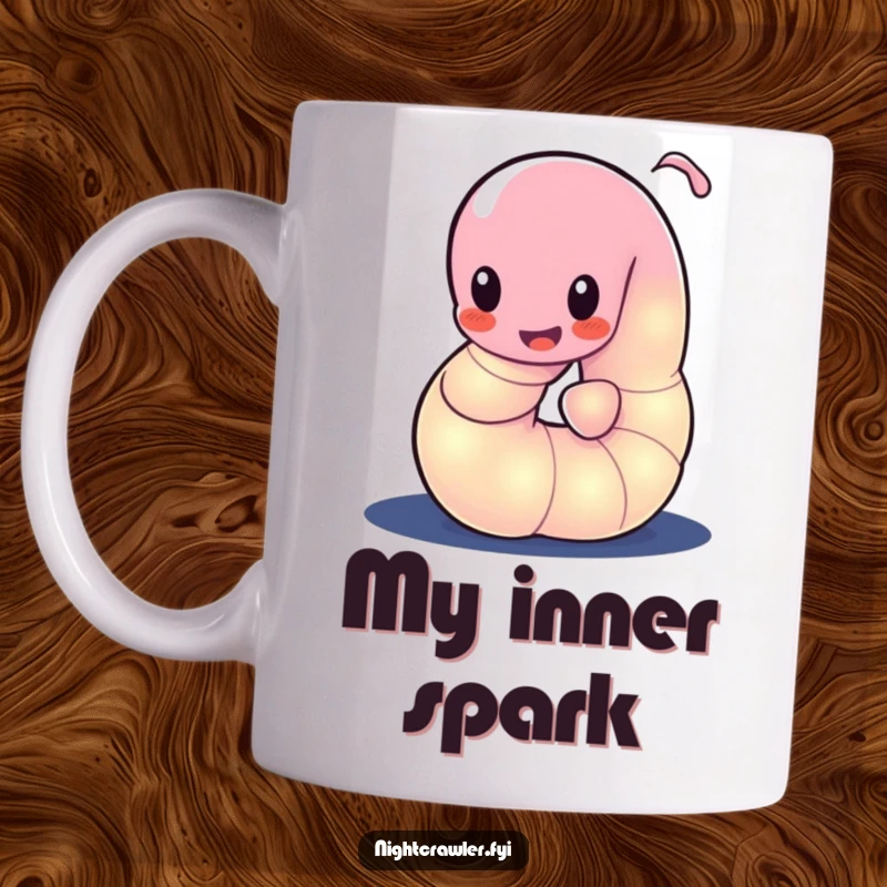 Funny mug with a glowing worm character playfully wiggling its body in the dark, emitting a soft, enchanting light.
