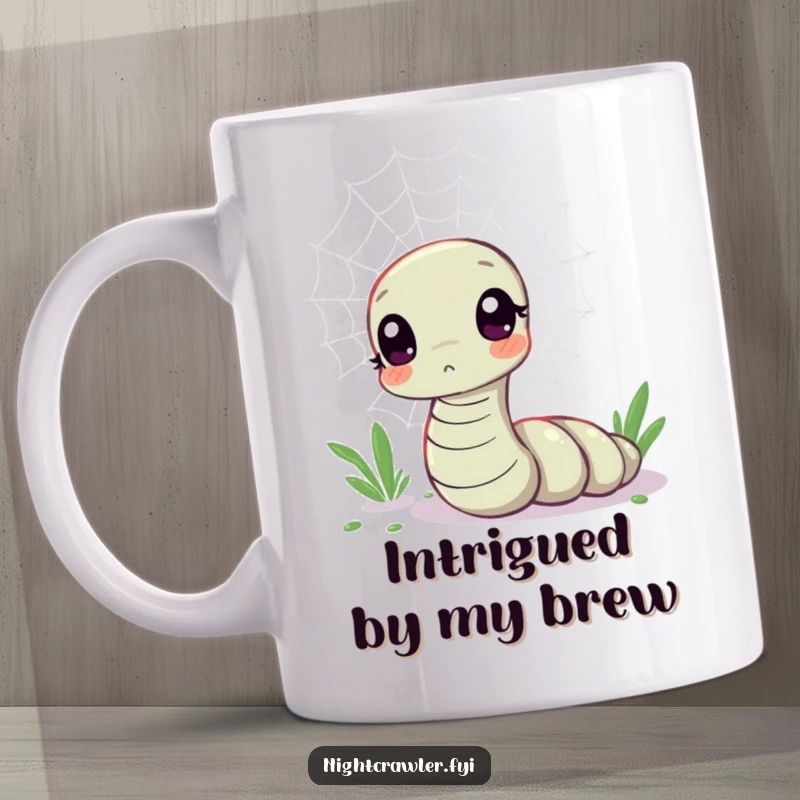 Funny mug featuring a kawaii worm character looking curious at a shimmering spider web, highlighting wonder and fascination.