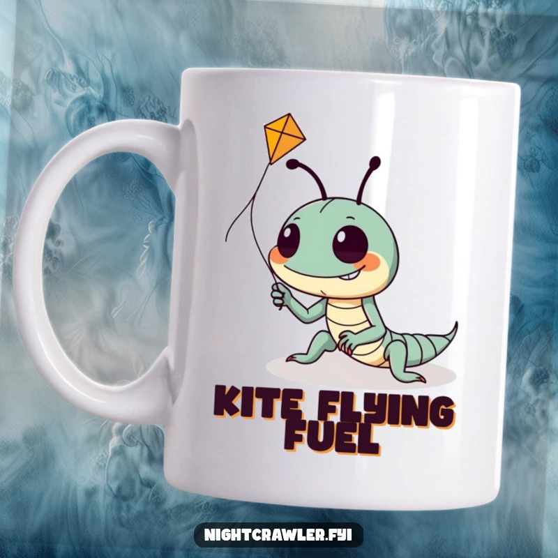 Funny mug with a goofy night crawler character attempting to fly a very tiny kite, its grin wide with playful determination and hope.