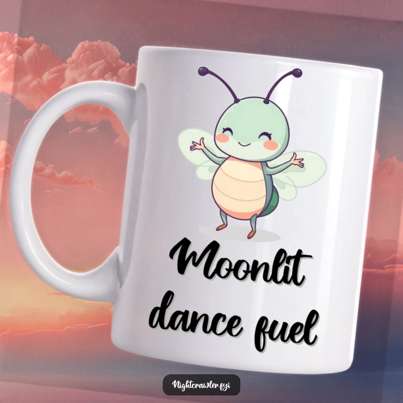 Funny mug with a cute insect character twitching happily and dancing in a glowing beam of moonlight, perfect for bug enthusiasts.
