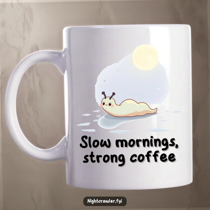 Funny mug showing a cute slug character steadily leaving a shimmering, iridescent trail across a dark, moonlit surface.