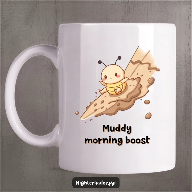 Funny mug with a cute buggy character gleefully sliding down a muddy slope, showcasing pure, unadulterated fun and messiness.