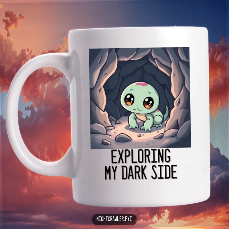 Funny mug with a bright-eyed night crawler character exploring a miniature cave, looking curious and ready for adventure.