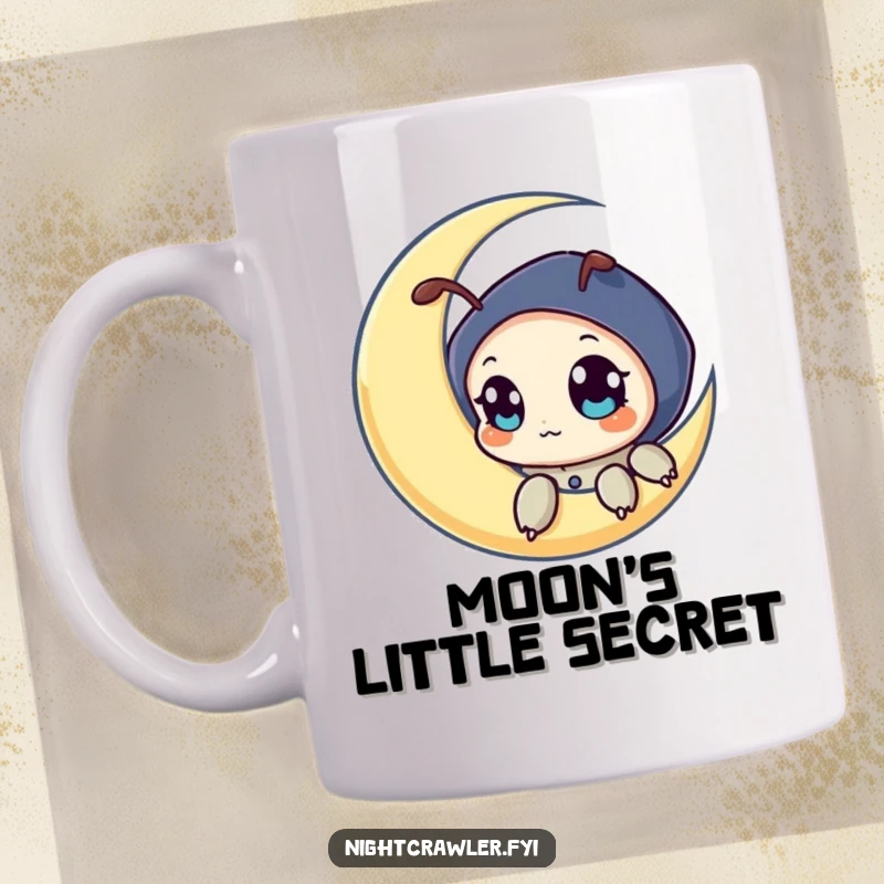 Funny mug with a cute night crawler character peeking curiously from a glowing crescent moon with large, expressive eyes, celebrating nighttime.