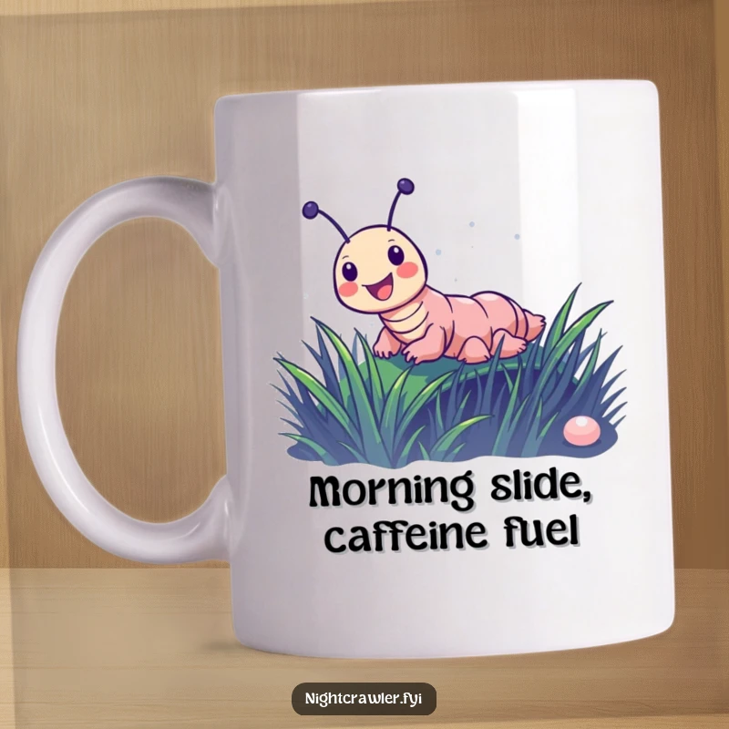 Funny mug showing a joyful night crawler character gleefully sliding down a dewy blade of grass, capturing pure exhilaration.