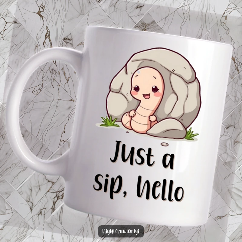 Funny mug featuring a shy earthworm character peeking out cautiously from behind a large, smooth pebble, depicting endearing bashfulness.