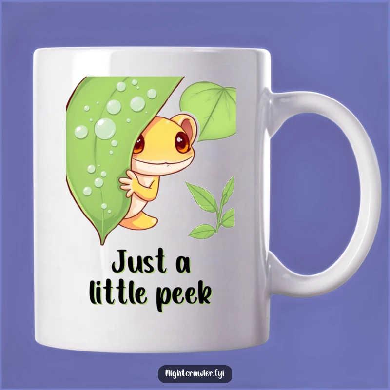 Funny Shy Gecko Mug: Adorable Peeking Character, Perfect Dewy Leaf Gift for Gecko Lovers