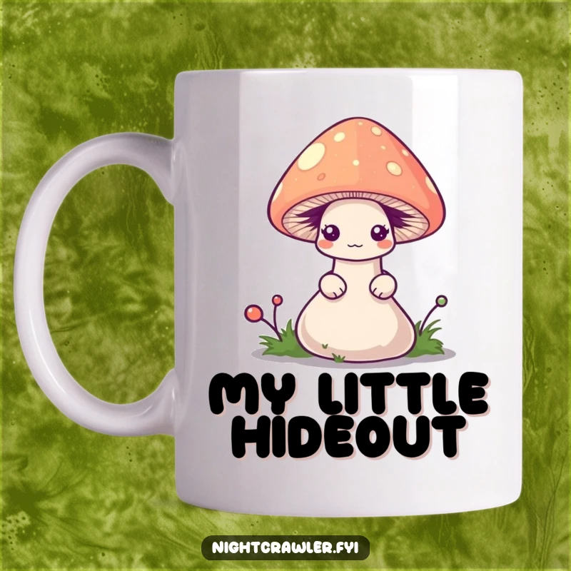 Funny worm mug showing a shy worm peeking out from beneath a tiny, glowing mushroom cap, an endearing design.